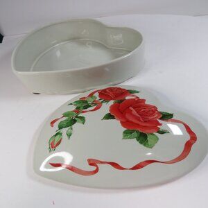 Vintage Teleflora Porcelain Heart Shaped Trinket Dish w domed Lid Red Roses